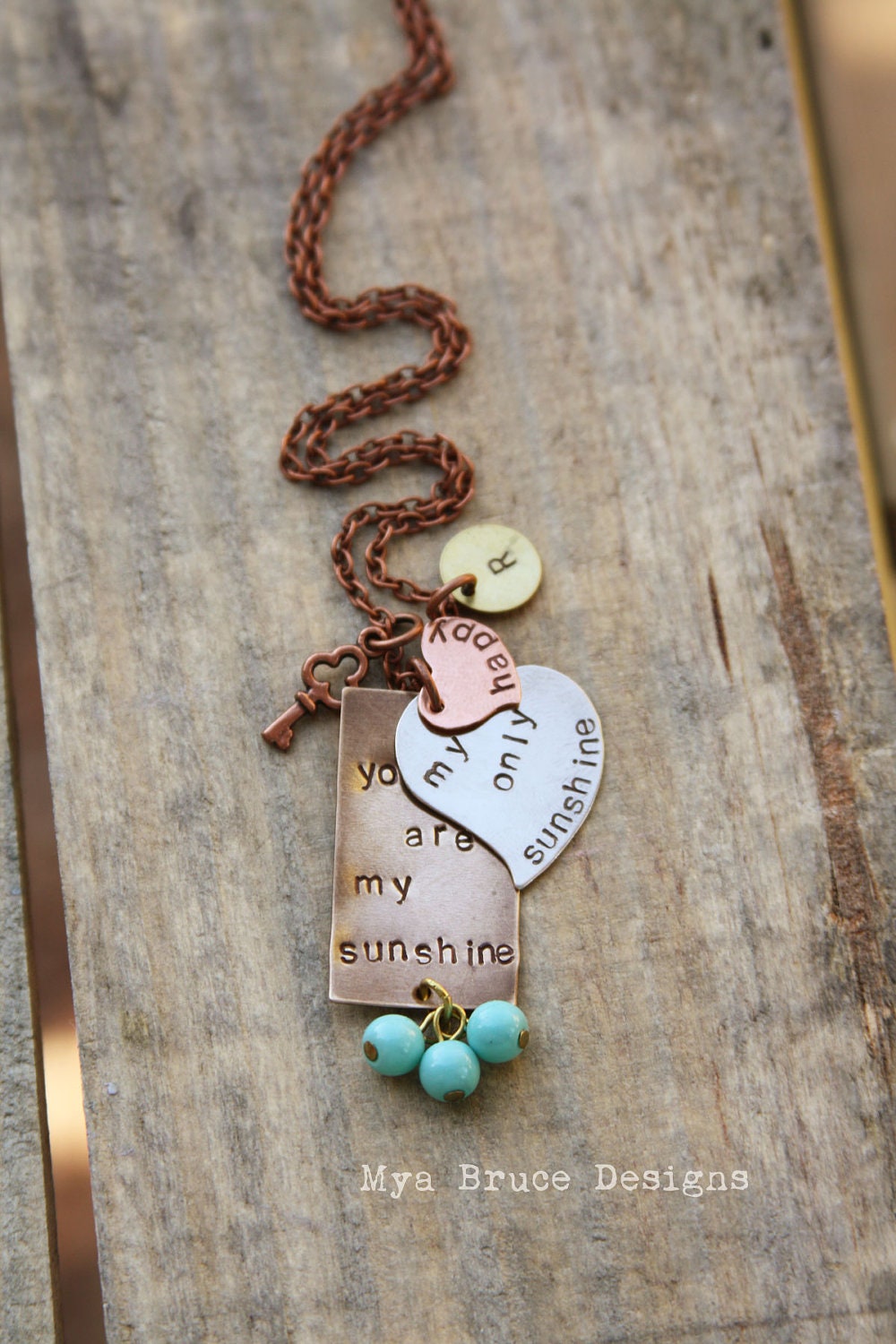 you are my sunshine - mixed metal design with personalized initials - and key to my heart elements with antique aqua dangles