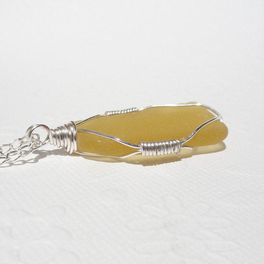Yellow Sea Glass Wire Wrapped Pendant Necklace