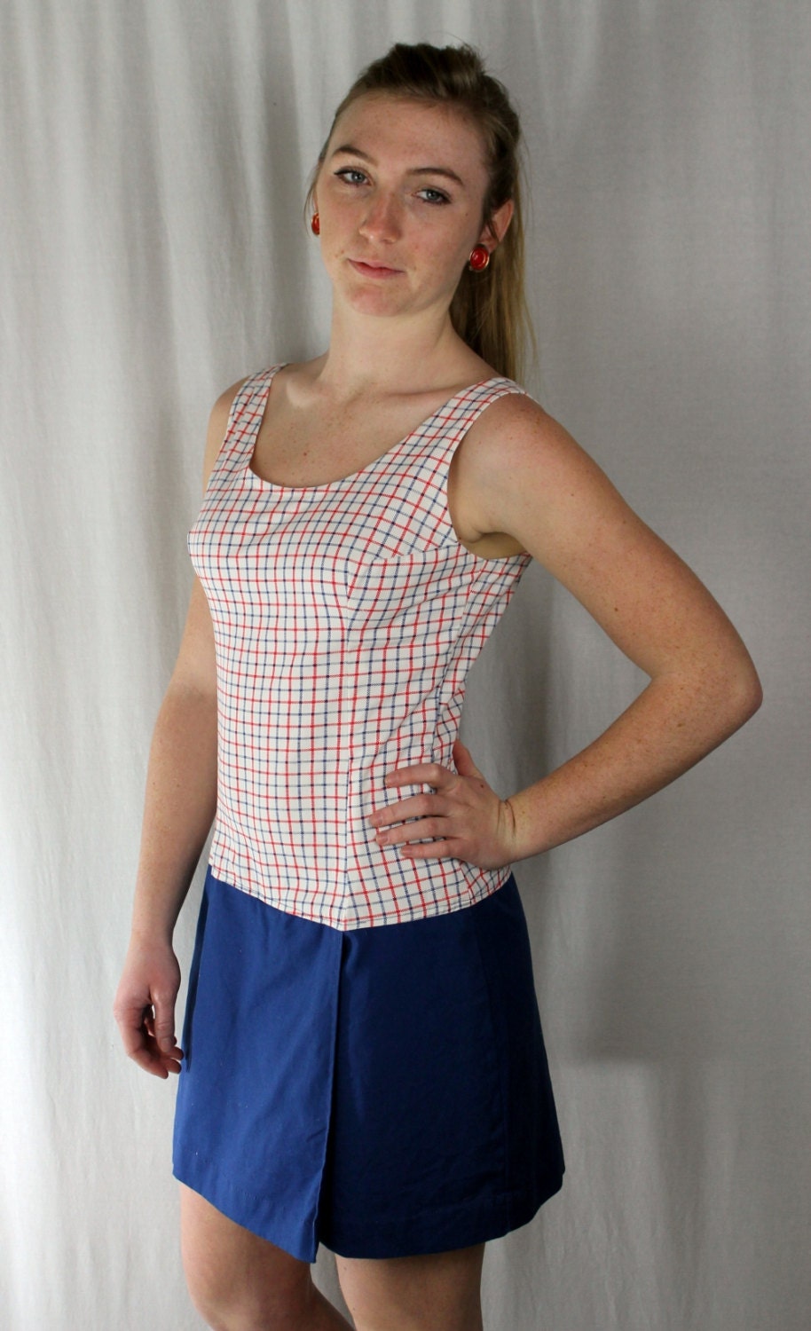 PLAYSUIT - red - white - blue - drop waist SKIRT with SHORTS - plaid
