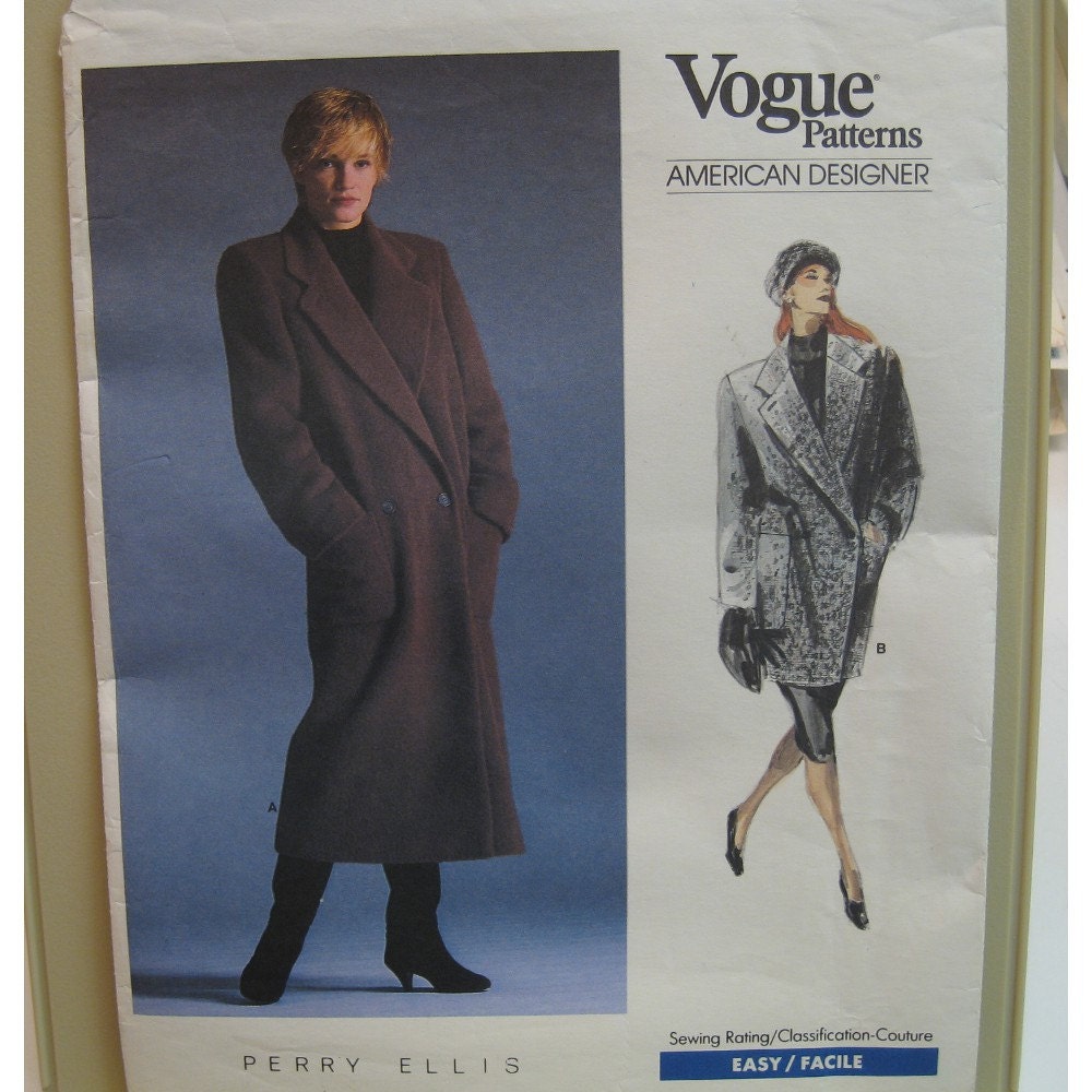 Perry Ellis Coat Pattern, Straight Cut, Double Breasted, Vogue American Designer No. 1935 UNCUT Size 12 (Bust 34" 87cm)