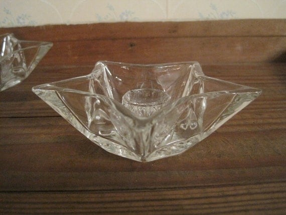 Two Vintage Clear Glass Star Shape Candle Holders by pamsantiques