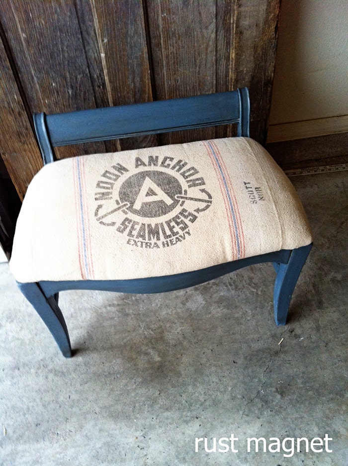 Vintage Stool with 1940s grain sack upholstery - rustmagnet