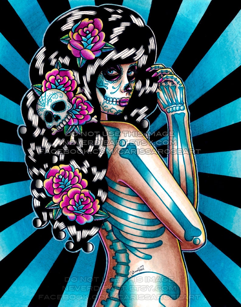 Midnight Motif Sugar Skull Pin Up Girl Print By Carissa Rose 11x14
