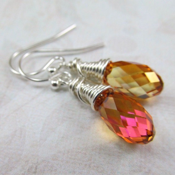 Astral Pink Swarovski Briolette Crystal Wire Wrapped Sterling Silver Earrings