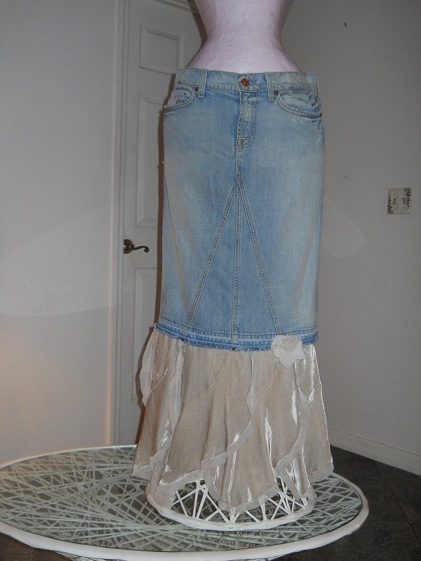 Guinevère ruffled jean skirt ivory velvet Seven for All Mankind  rose Renaissance Denim Couture bohemian goddess Made to Order
