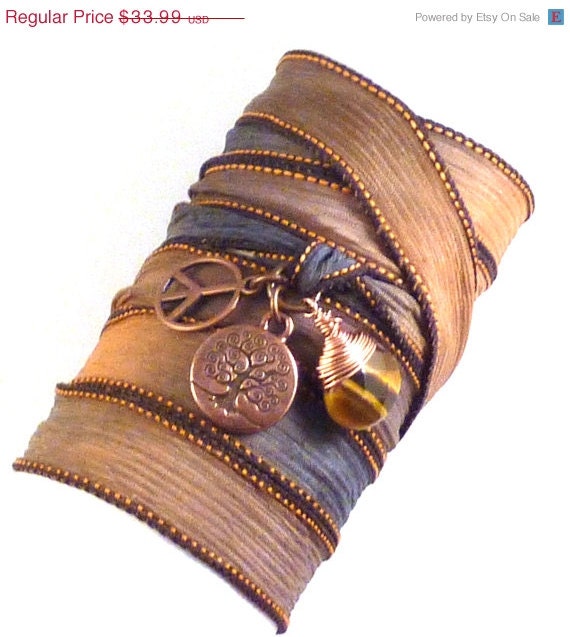 Tree of Life Silk Wrap Bracelet with Peace Sign and Tiger's Eye, yoga jewelry, silk wrap bracelet, wrap bracelet, yoga bracelet