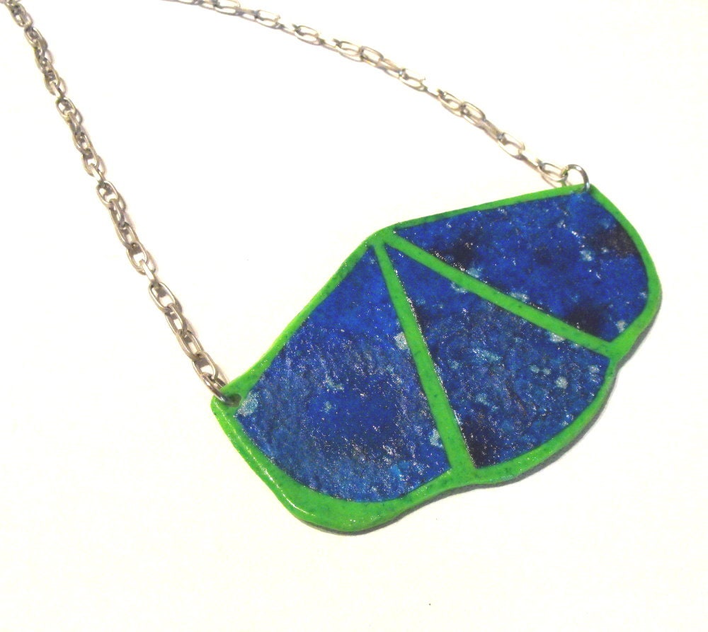 Large Geometric Bib Necklace - Adjustable Silver Tone Chain - Bright Green and Blue - Mixed Media