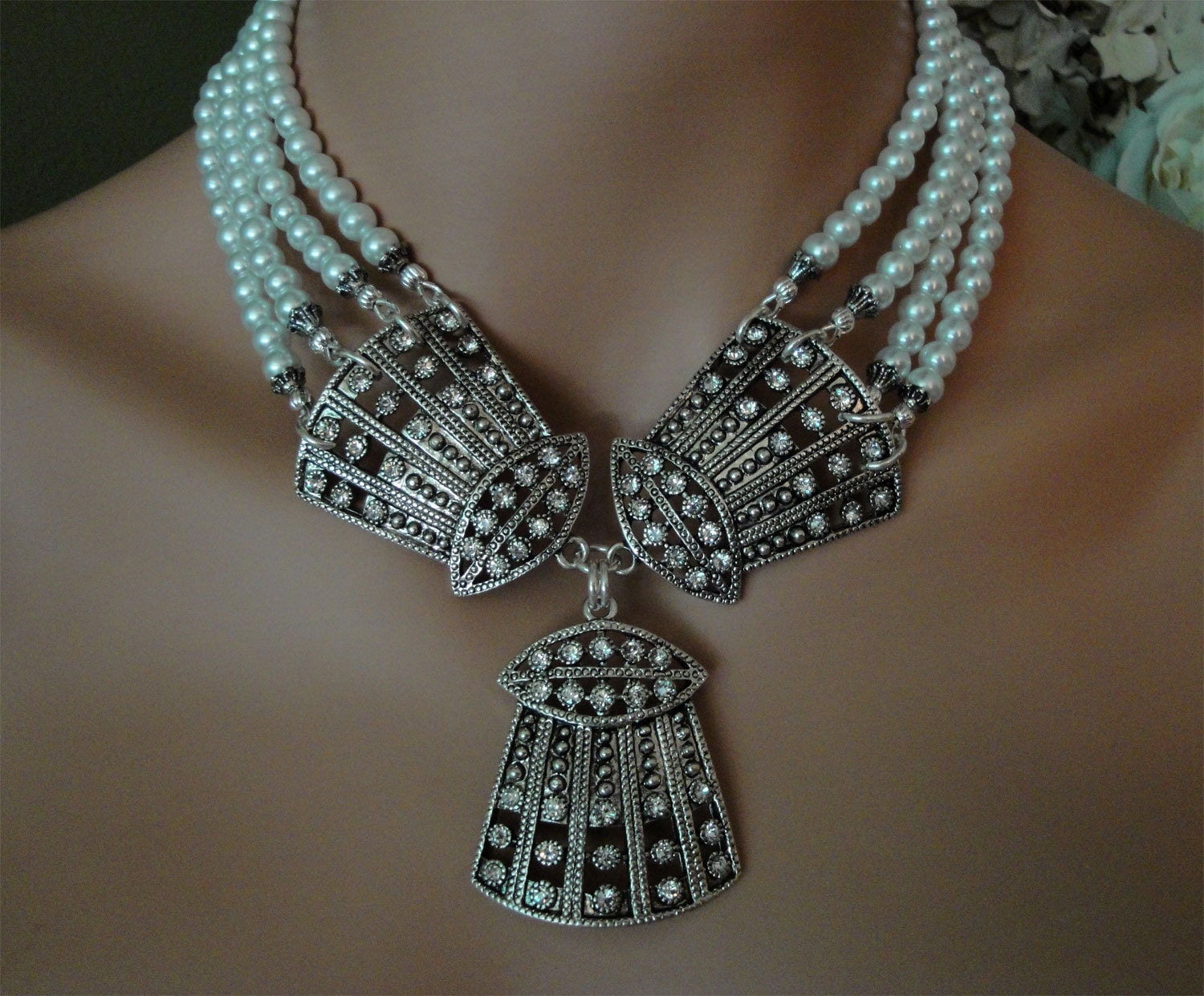 Wedding Bridal Jewelry Necklace Egyptian Deco Goddess in 4 Strands of Pearls and Art Deco Rhinestone Details stunning