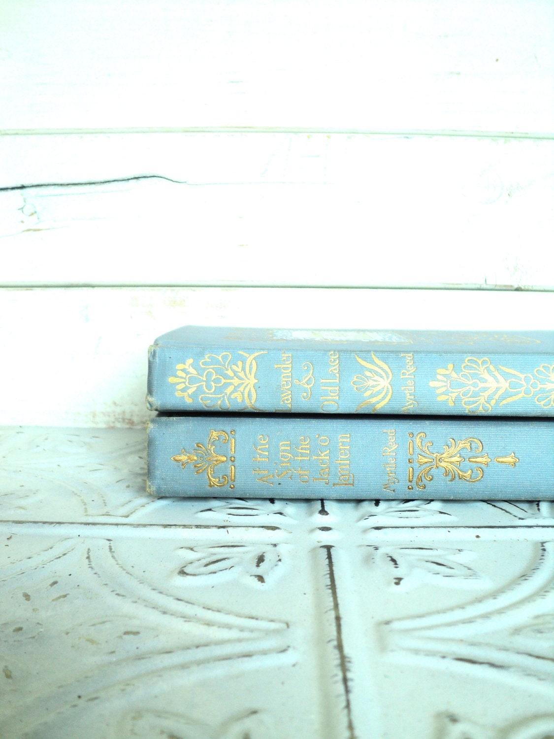 Light Blue Instant Library Collection Decorative Books Photography Props Ornate Antique Gold Myrtle Reed