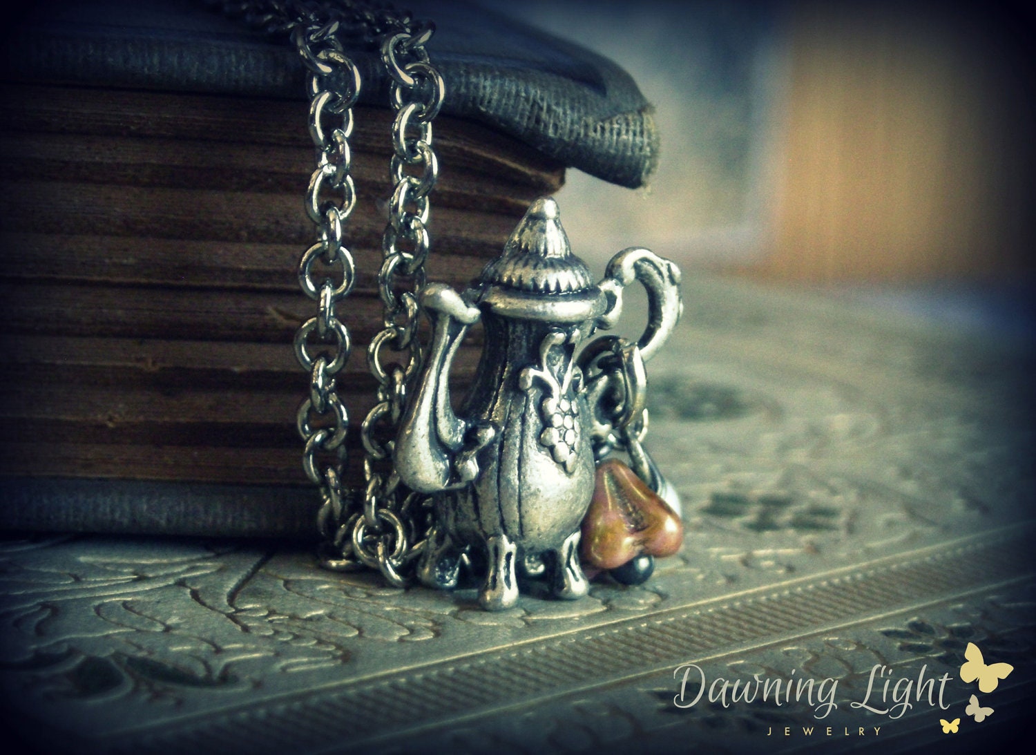 Cup O' Tea ... necklace tea pot rose gold bell flower white pearl oxidized silver victorian edwardian ornate gypsy boho chic
