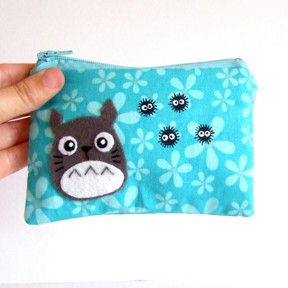 Small Totoro pouch with Soot sprites with light blue flowered fabric
