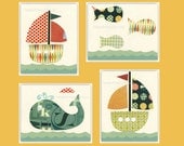 Nursery Decor Art for Kids Room..Vintage Boat, fish, whale, sea, ocean, nautical, set of 4 8x10