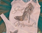 Just Married Bridal lingerie half Lace Tank Top Shirt thong Panties Set: Bride honeymoon Wedding crystal bling Tank Top Shirt black, white