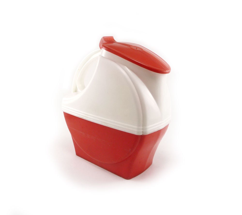 Red and white mid century pitcher - vintage Burrite plastic art deco plastic pitcher