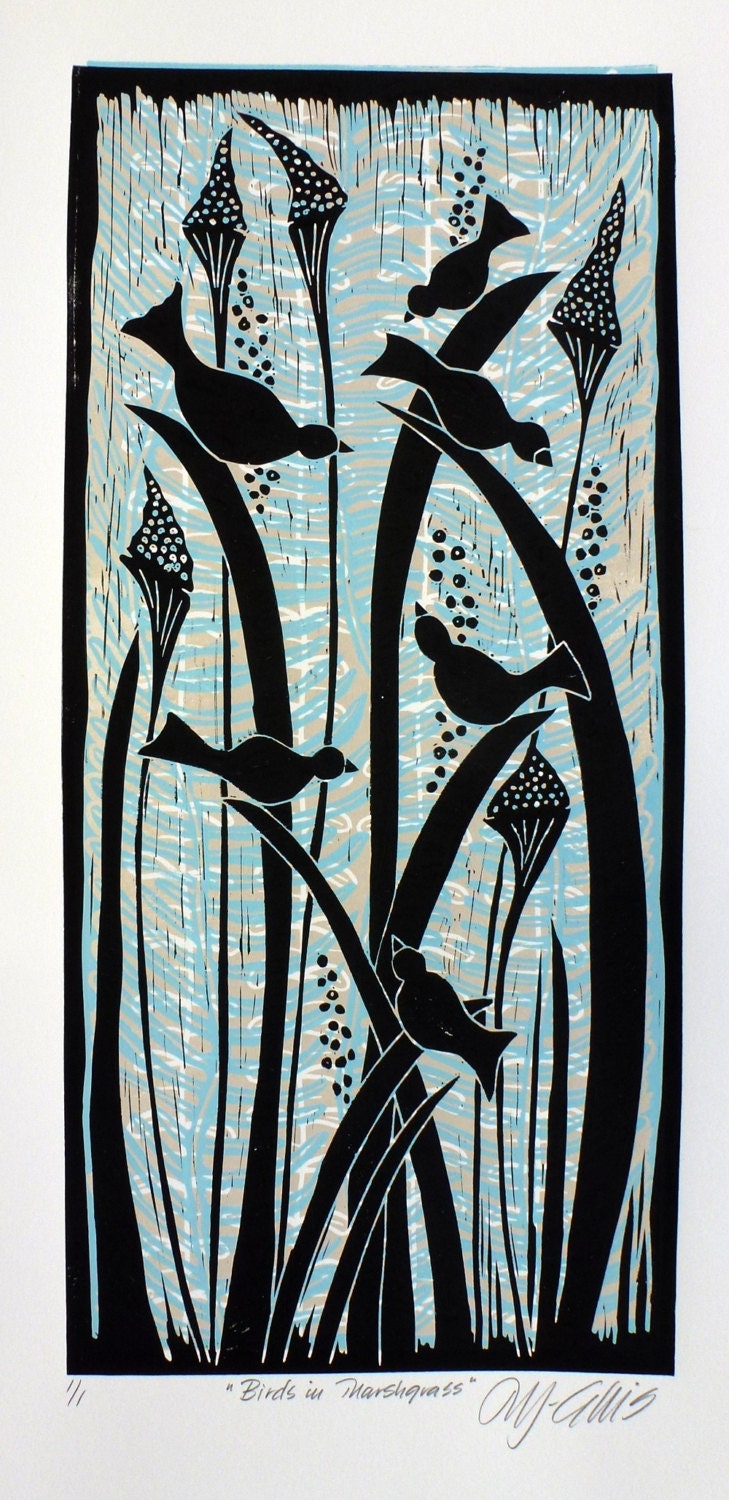 linocut print Birds in Marsh grass contemporary by linocutheaven