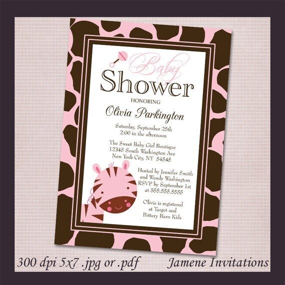 Pink Girl's Zebra Baby Shower Invitation Digital File - Print Your Own Il_570xn