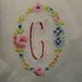 Vintage Handkerchief G Initial Monogram - Pink Roses - Blue Flowers - Hankie
