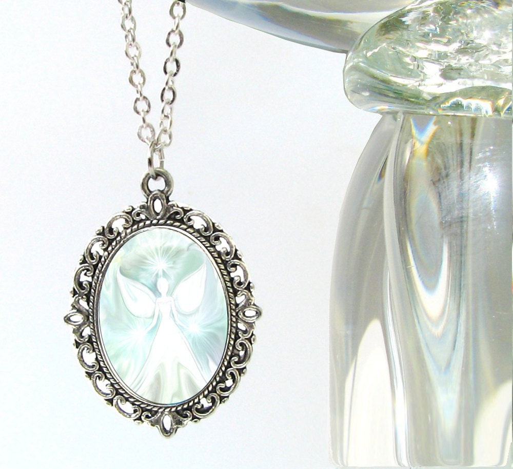 White Jewelry Angel Pendant Reiki Necklace Chakra Jewelry Silver Oval