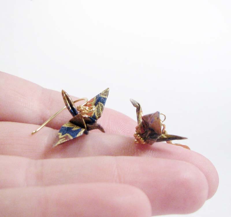 Origami Crane Earrings Blue leaves 24k Gold Vermeil