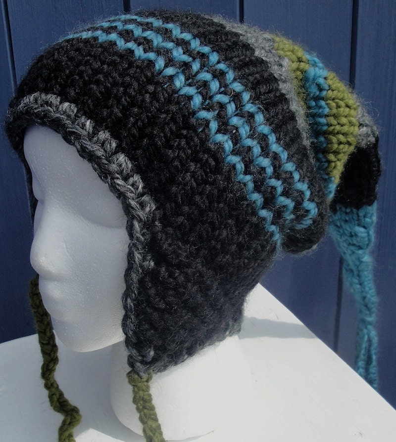 UNISEX WINTER HAT. Stripes, Slouch, Ear Flaps & Pointy Top. Free Spirited Style and Free Shipping.