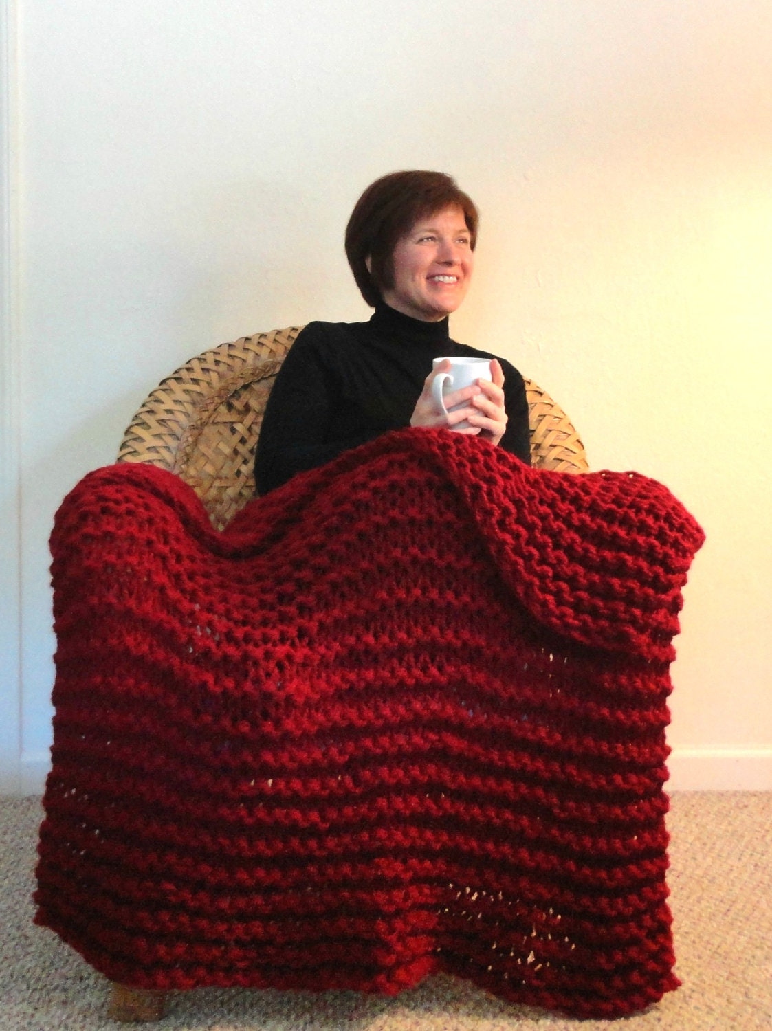 Cranberry Red Chunky Knit Throw Blanket - Great Housewarming Present or Wedding Gift