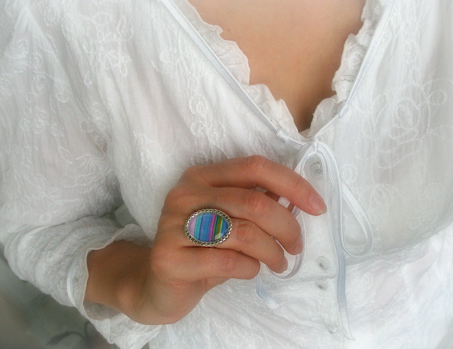Colorful Stripe ,Silver Plated Drop Cabochon Setting on a Ring