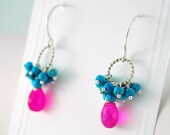 Genuine Turquoise Earrings Hot Neon Pink Chalcedony Gemstone Bright Aqua Wire Wrapped Sterling Silver Jewelry Complimentary Shipping