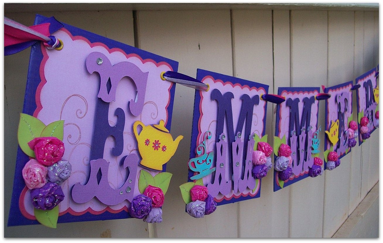 Handmade Banner - Custom made - GO GREEN - Name Banner Happy Birthday Baby Shower Bridal Shower Alice in Wonderland Tea Party