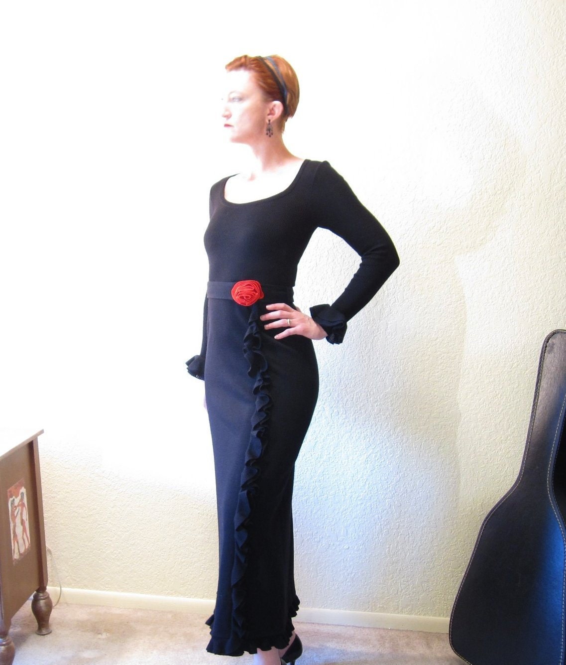 Vintage 60s Maxi Dress. Spanish Red Rose. Flamenco. Ruffle. Knit. Size S. - ChatteJolie