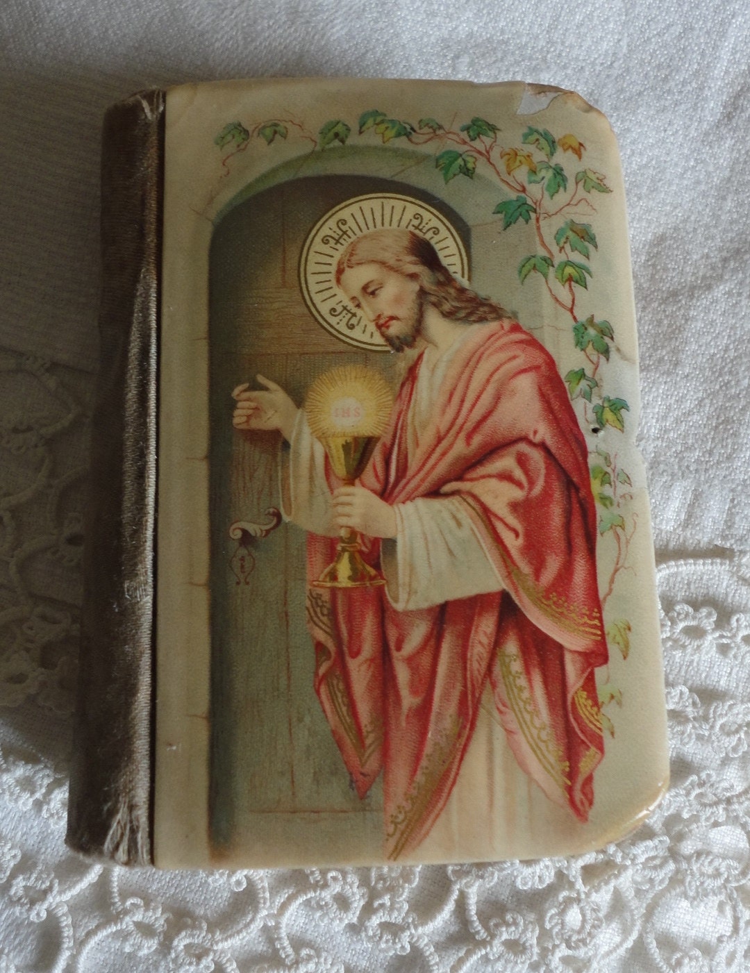 Antique Childs Prayer Book 1899 German Celluloid Cover For Repair or Ephemera Jesus at the Door 1st Communion Bride Gift
