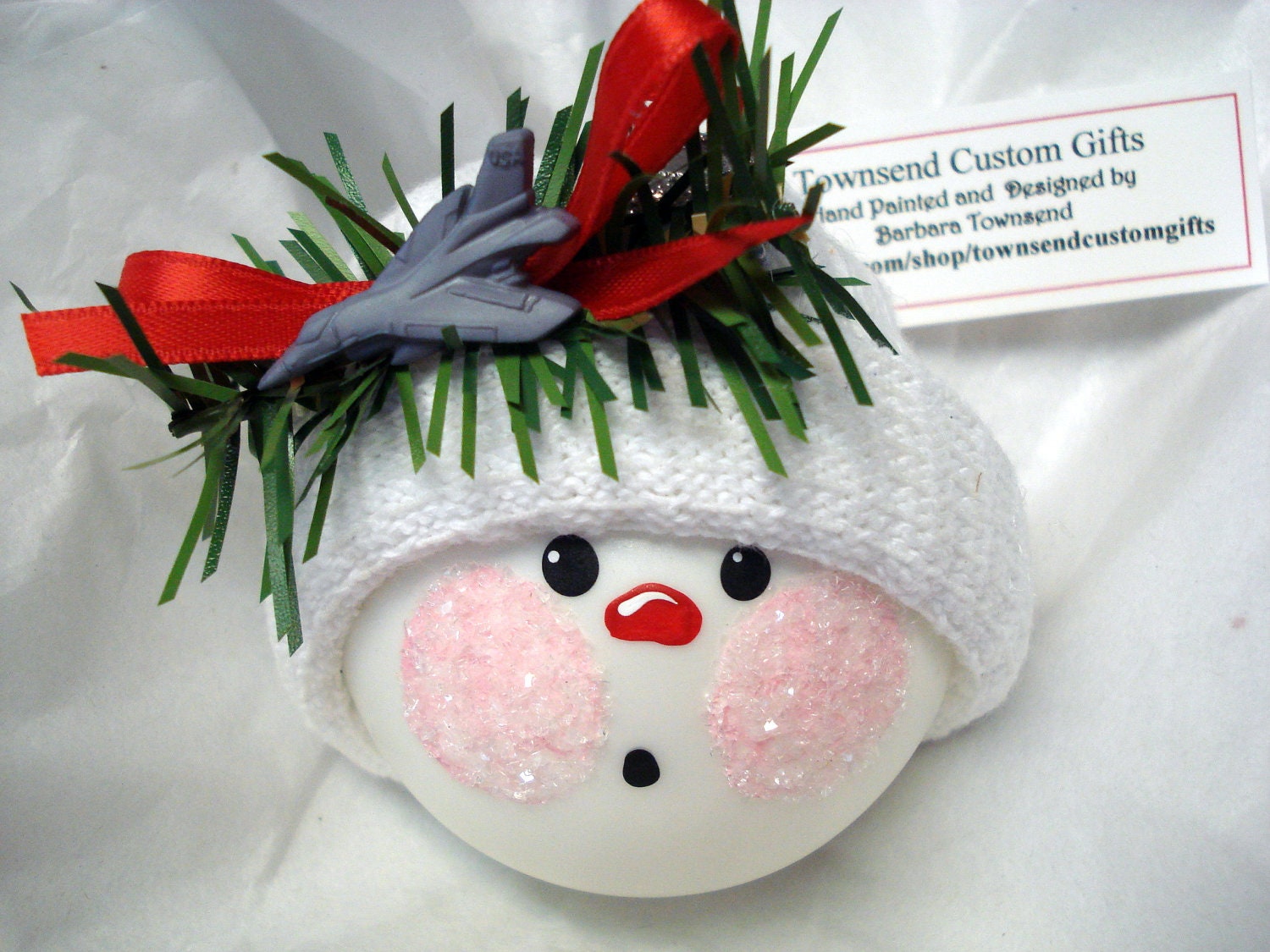 Military Jet Snowman Ornament Christmas Tree Bulb Hand Painted Glass Snowball Face Personalized