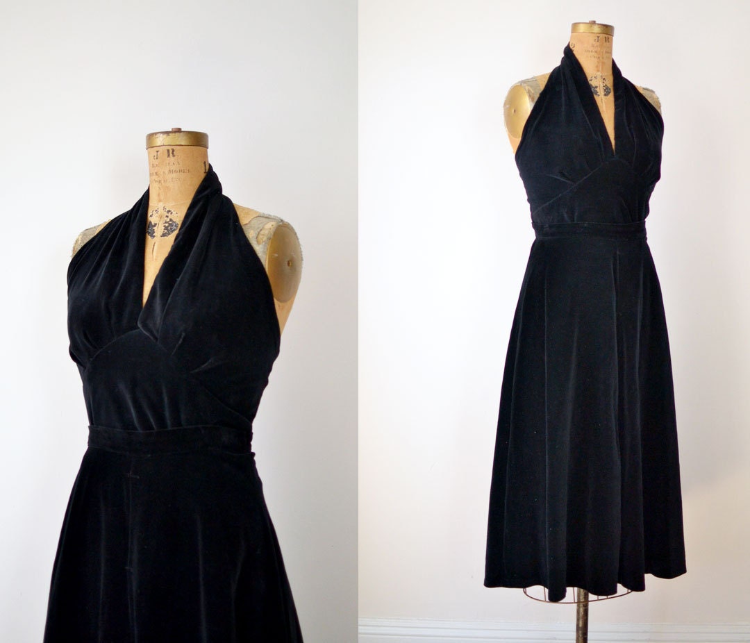 1950s Dress / 50s Black Velvet Halter Dress / Dress Set