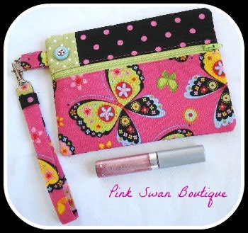 Pink Clutch, Wristlet, Purse, Zipper Pouch, Cosmetic Make-Up Bag, Key Fob