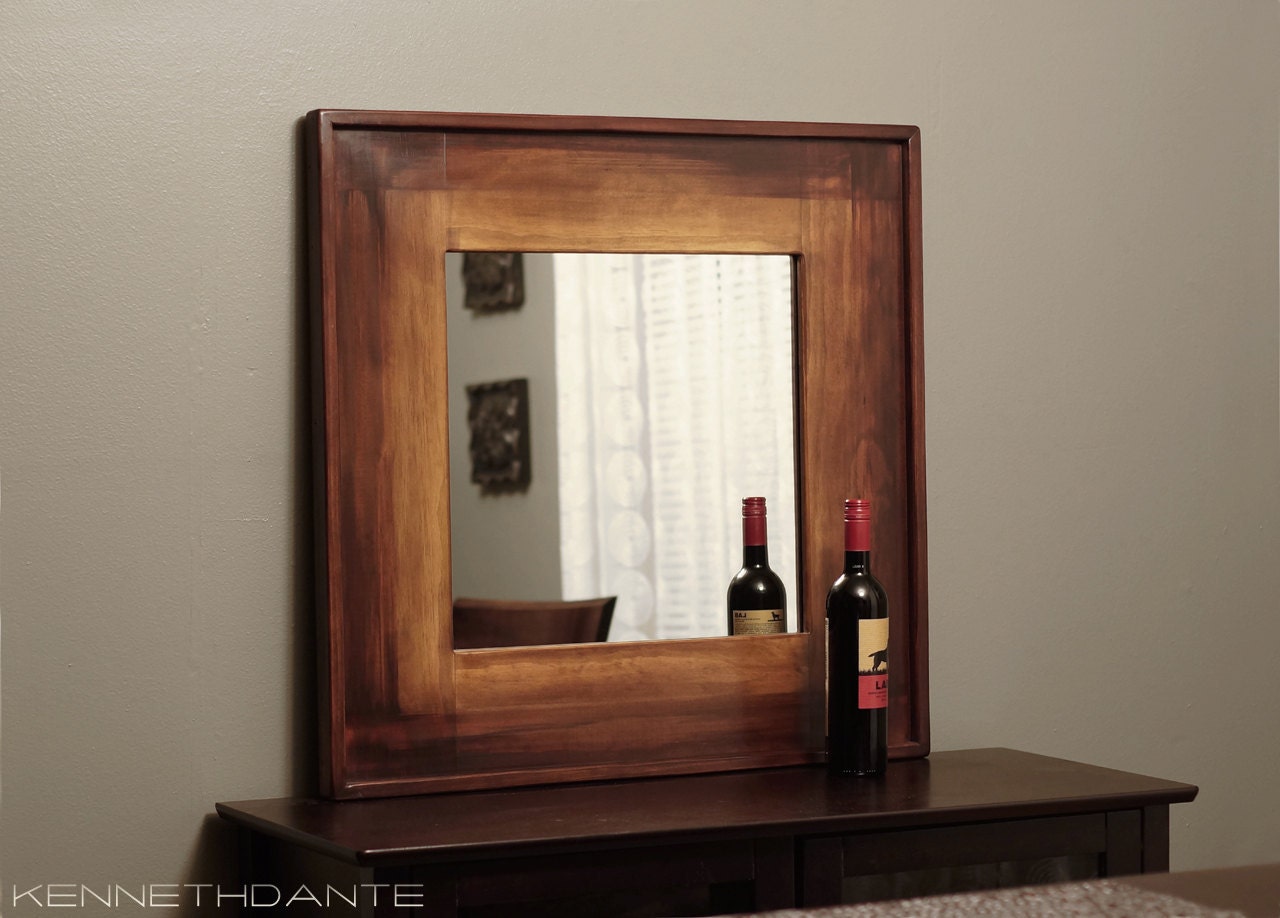 Decorative Mirror Square with Streaky Finish Wood Wall Decor Large