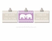 Modern Elephant Nursery Trio Prints - 11x14 Print, Chevron, Elephant Print, Kids Wall Art, Light Purple, Khaki, Custom, We Love You A Ton