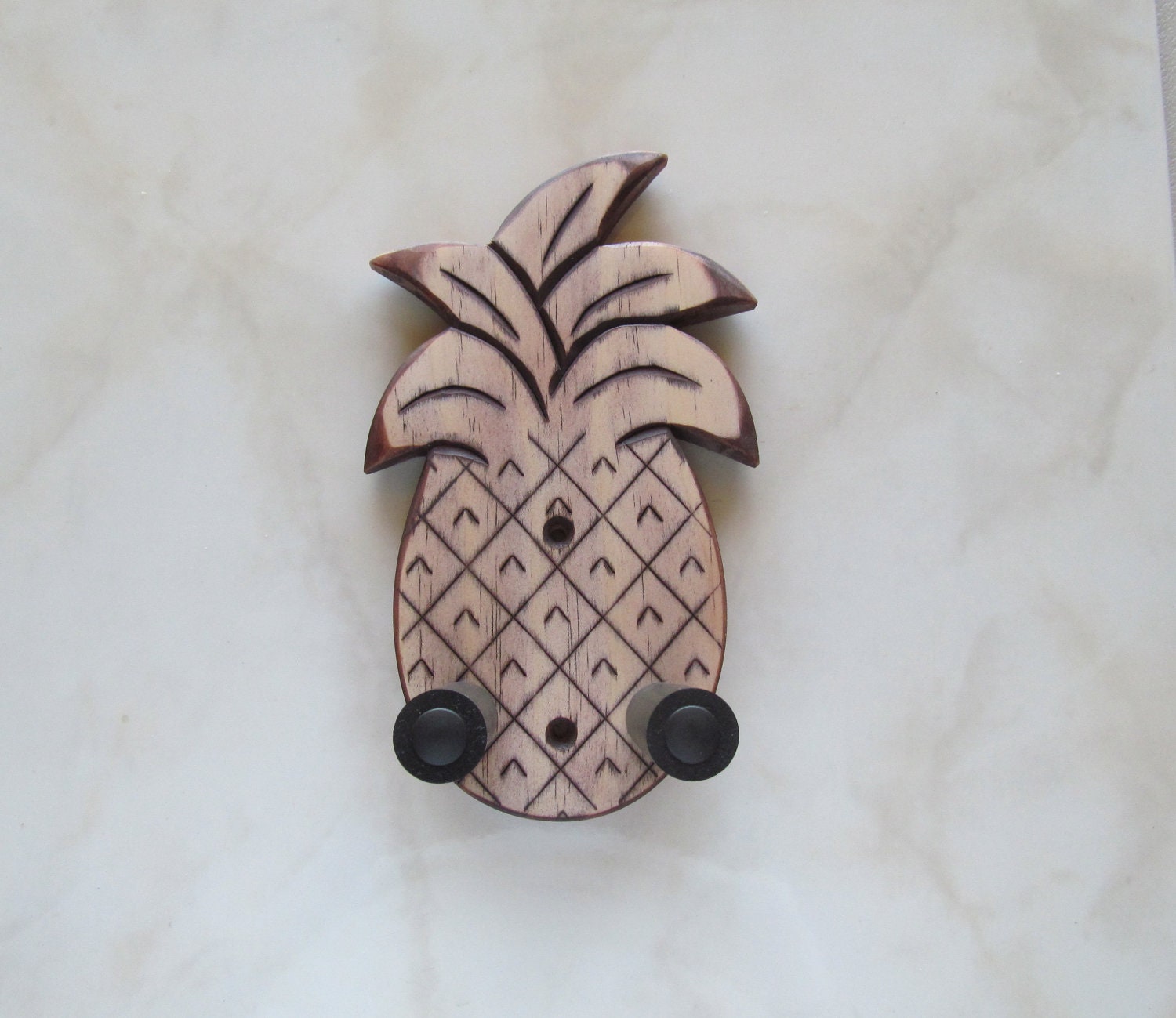 Unique ukulele wall mount hanger, hand carved pineapple, red mahogany stain