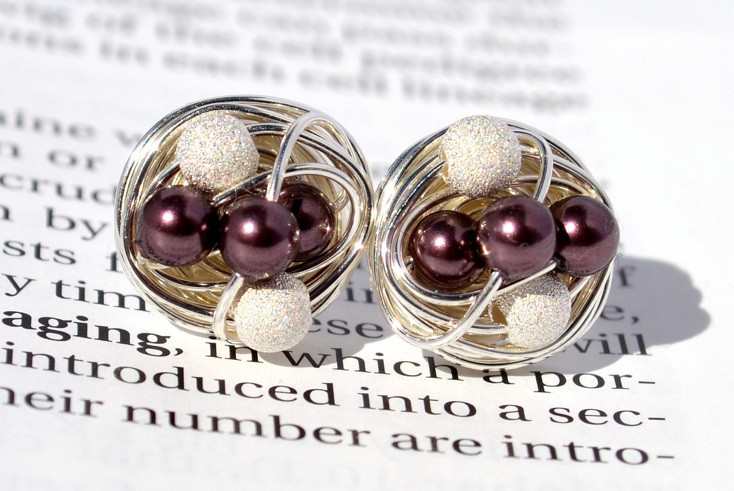 Burgundy / Star Dust - Mix It Up Series- Swarovski Glass Pearl and Stardust bead Wire Wrapped Stud Earrings