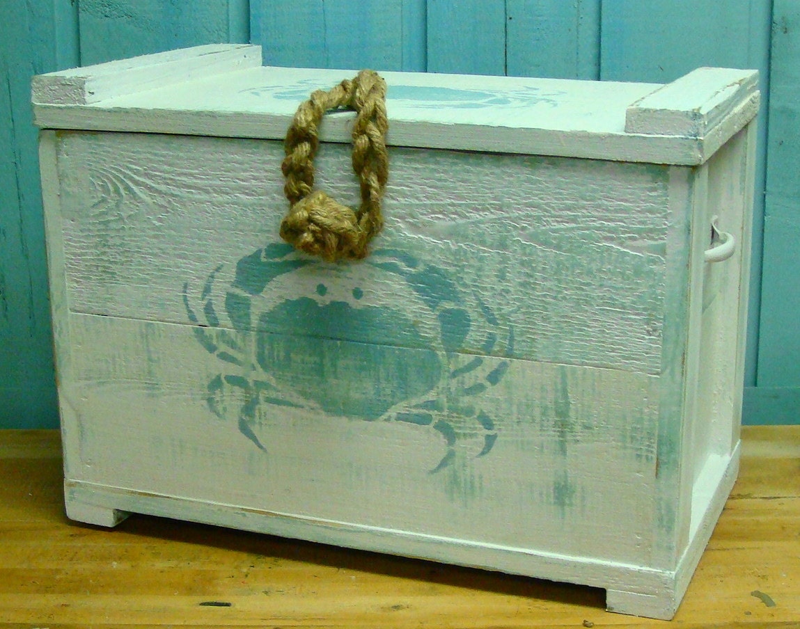 RESERVED For Redbuster Weathered White Vintage Crab Crate Side Table Trunk Chest