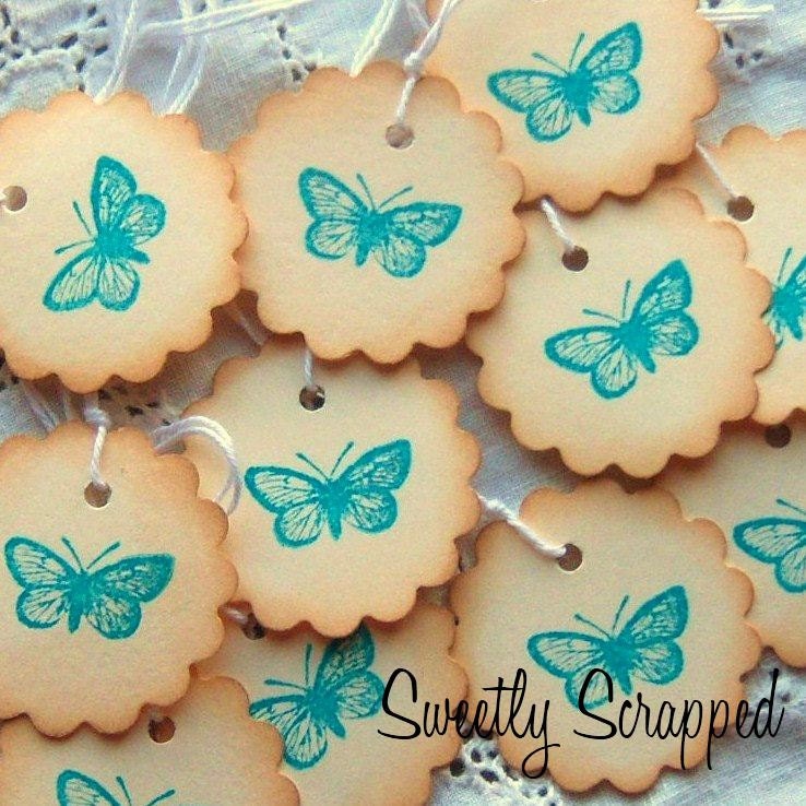 BUTTERFLY Hang Tags - Teal Aqua Turquoise Blue, Scalloped Circle, Hand Aged, Vintage Inspired 12