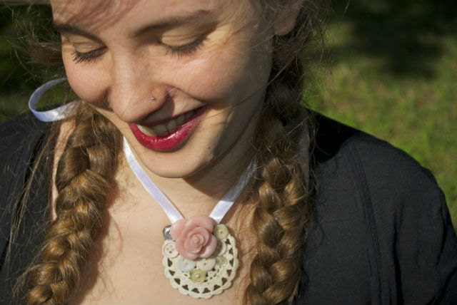 Eco Vintage Bride, Wedding Jewellery, Upcycled Doily, Choker Necklace, Pink Button Rose