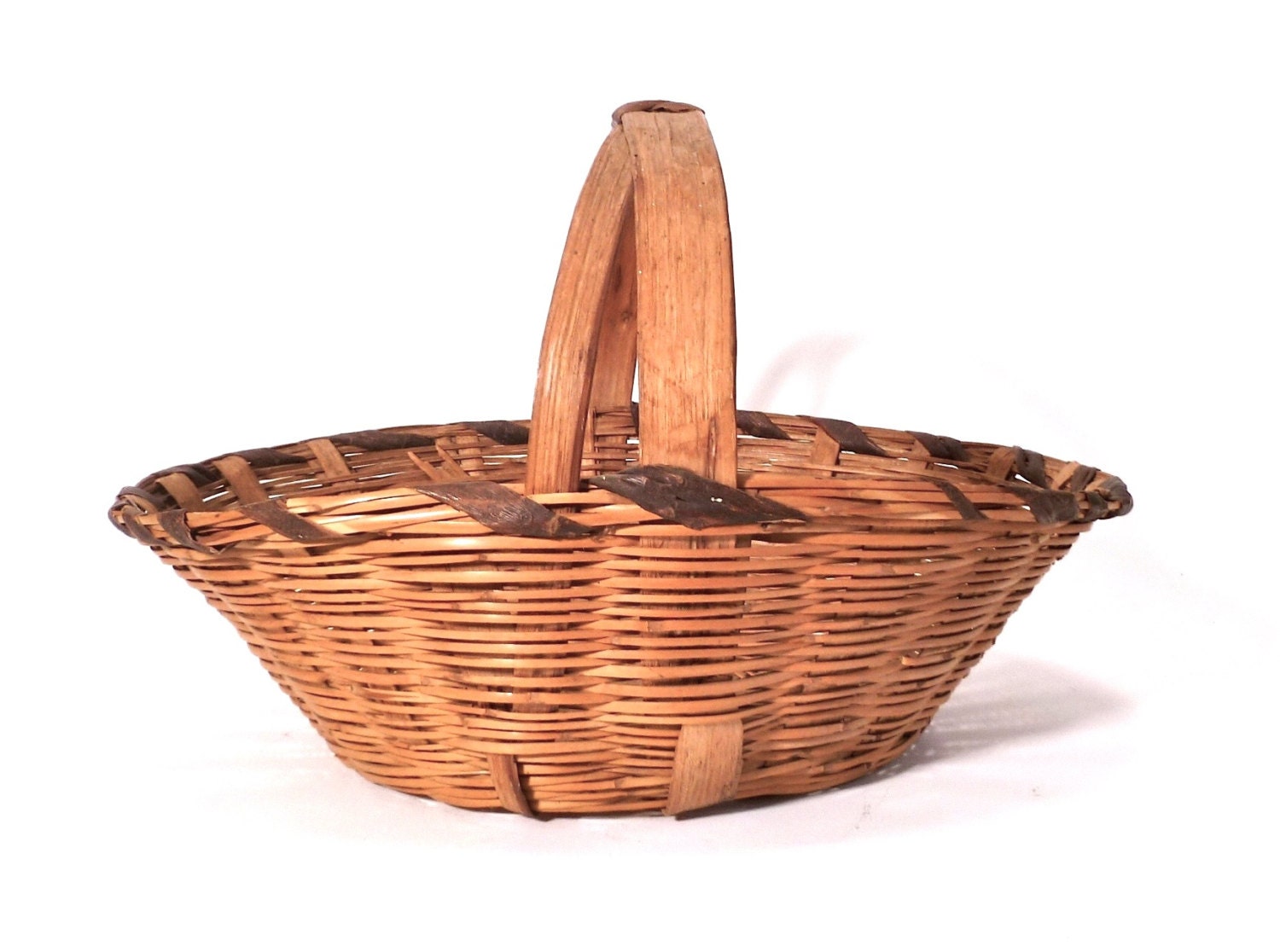 Items similar to Vintage Handled Round Woven Wood Basket Medium