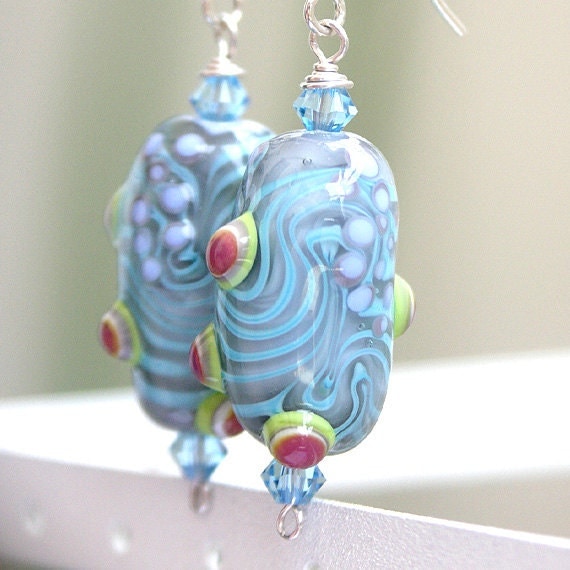 Glass Earrings in Grey, Turquoise, Lime and Magenta - Handmade Lampwork and Sterling Silver