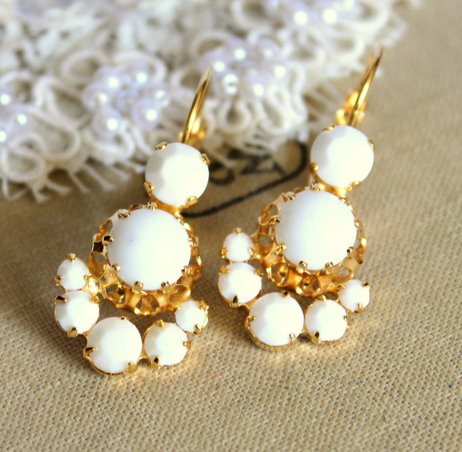 Crystal swarovski white earring - 14k plated gold earrings real swarovski rhinestones .