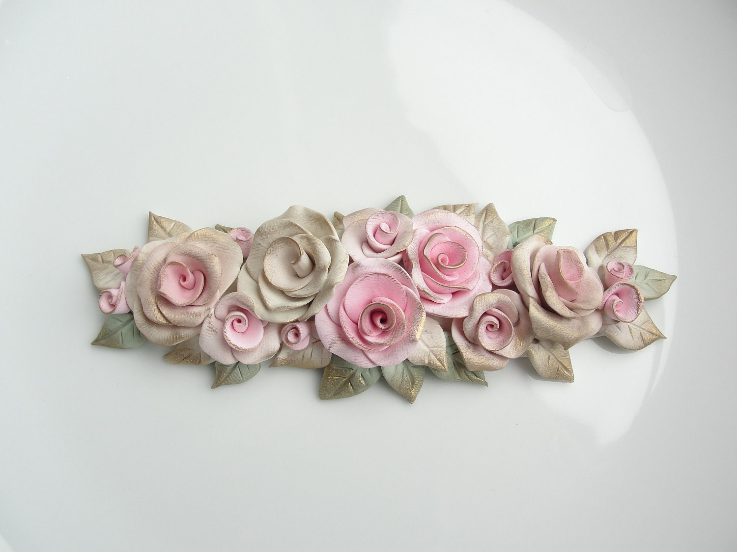 Shabby chic pink rose furniture applique onlay ooak handmade from polymer clay