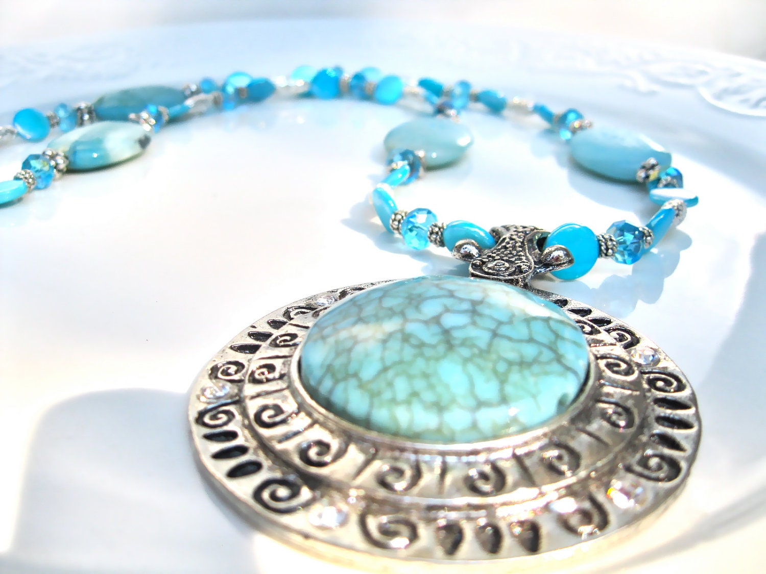 Statement Necklace, Ethnic Style, Sun Dial Pendant,  Amazonite And Crystals, "Mayan Goddess" - MonasCreationsFL
