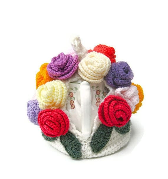Crochet teapot cosy rose flowers cottage cozy tea warmer in bright colors