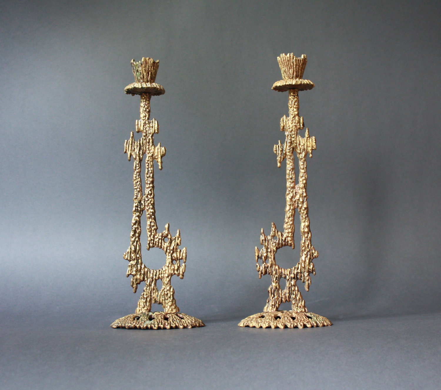 Mid Century Modern Brutalist Pair of Cast Brass Candle Holders by Wainberg Israel