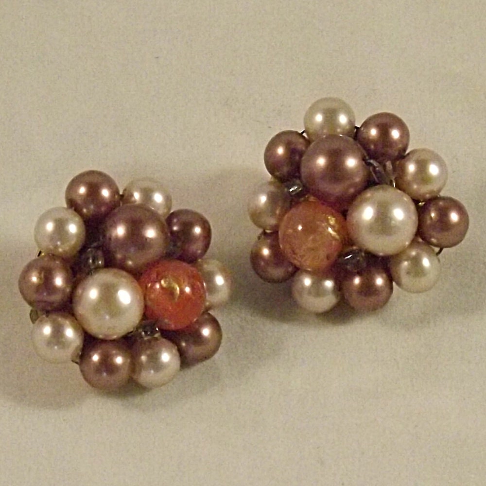 Beaded Cluster Earrings Vintage 1960s Orange Brown Beads