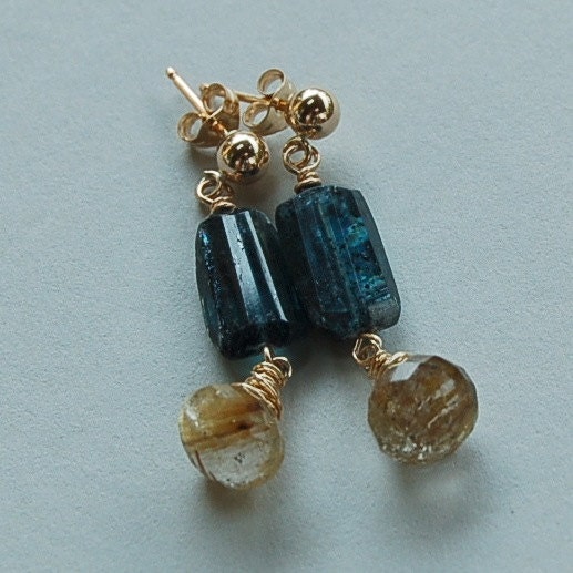 Kyanite and Gold Rutilated Quartz Earrings RESERVE listing for "S"