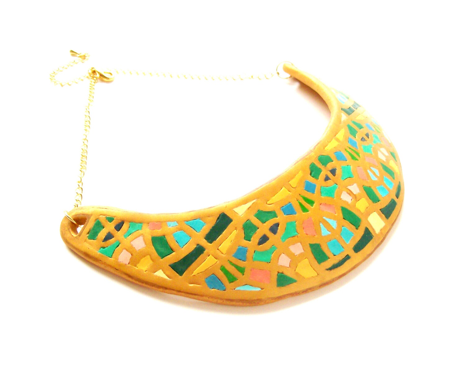Choker bib necklace Egyptian style art deco art nouveau gold statement necklace yellow aqua turquoise polymer clay elegant dressy necklace